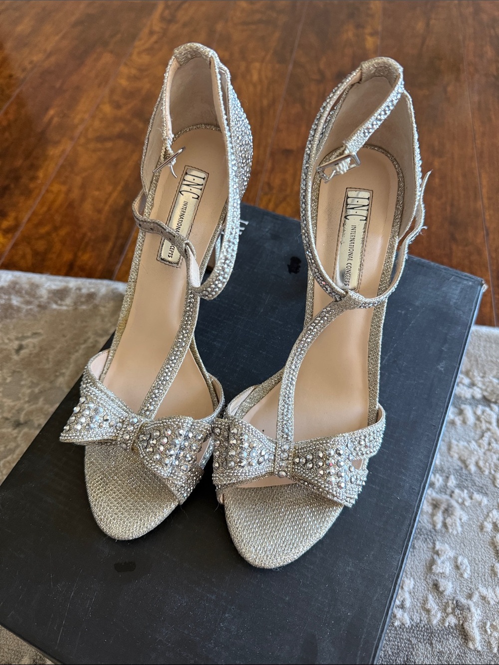 Embellished Silver T-Strap Evening Heels